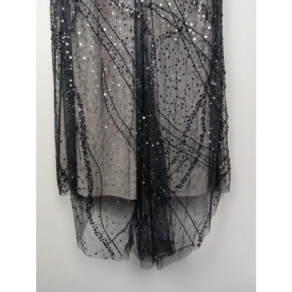 Teri Jon Rickie Freeman Sequin Overlay Formal Dress w/ Feathers Black 4 - Picture 7 of 14